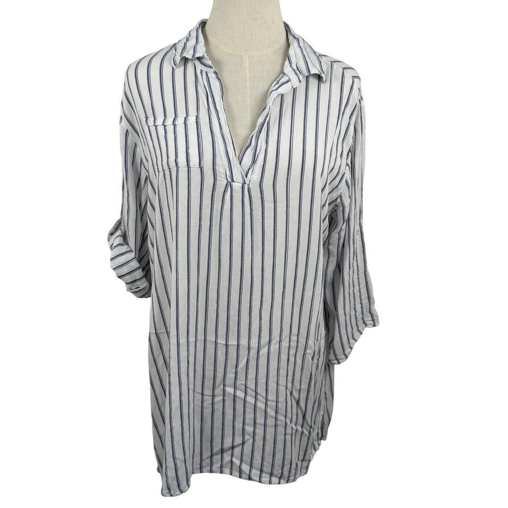 Raviya M Tunic‎ Top White Blue Striped Roll Tab Sleeve V Neck Coastal Beach Boho